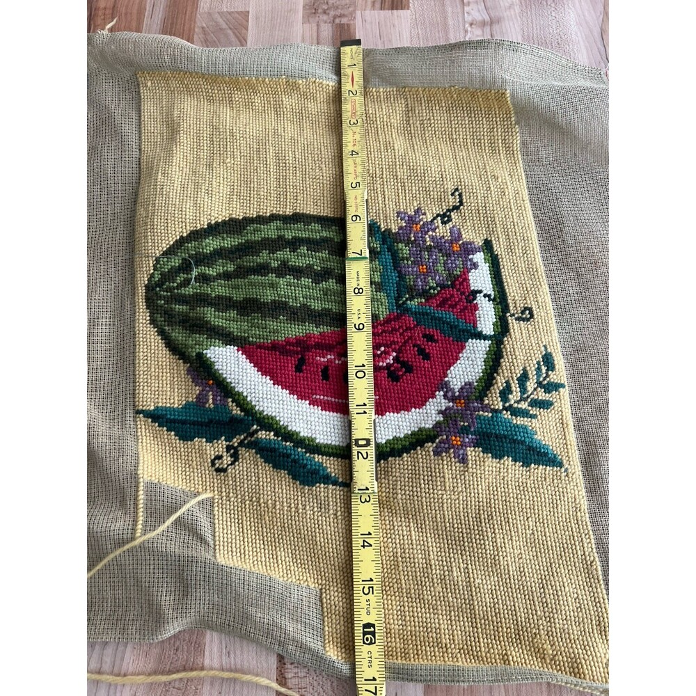 Vintage Needlepoint Set of 2 Watermelon Flowers Blue & Yellow Work in Progress - Picture 9 of 12